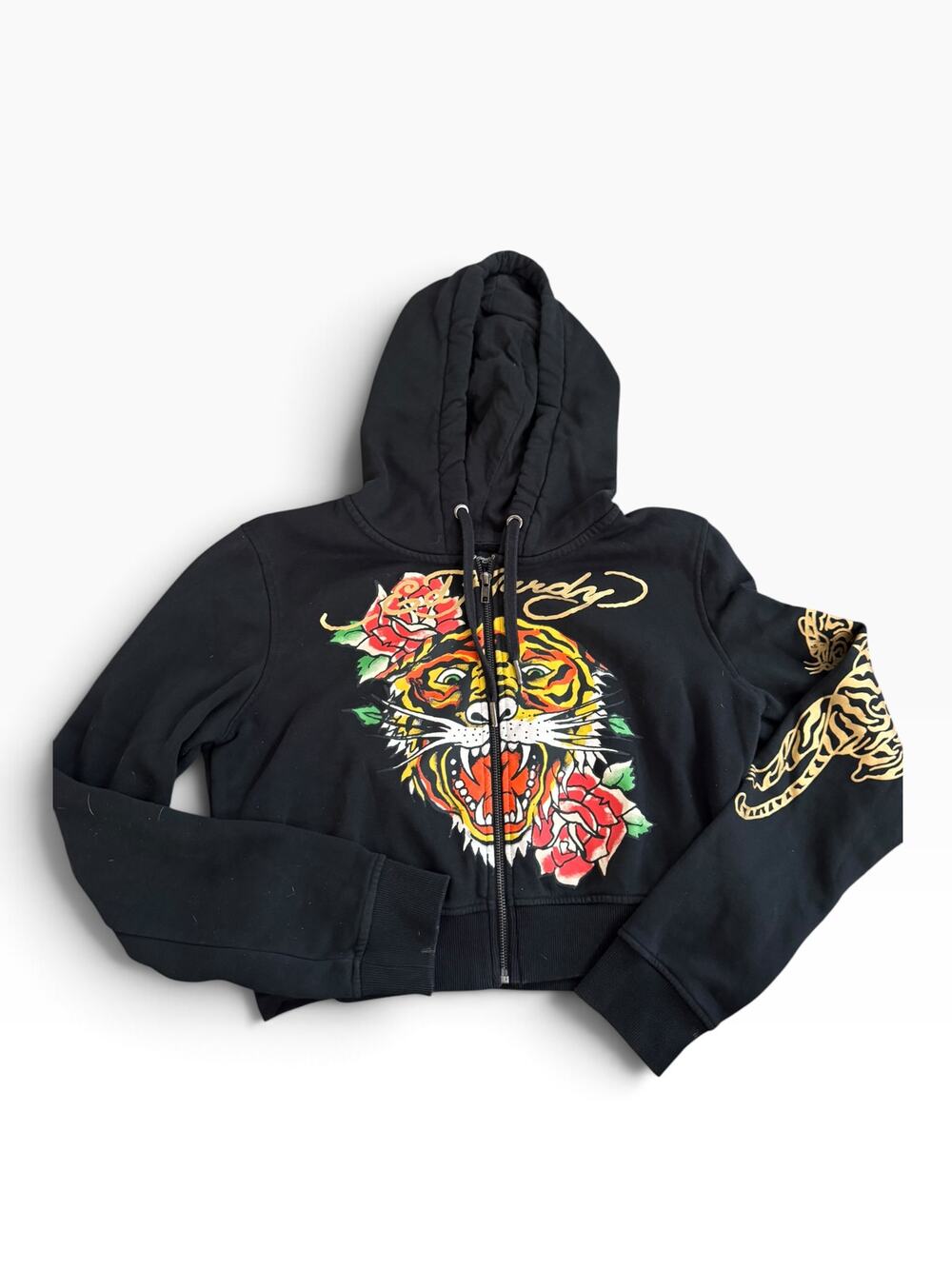 Vintage Ed Hardy Women's Tiger Rose Cropped Full Zip Hoodie Black Size XL